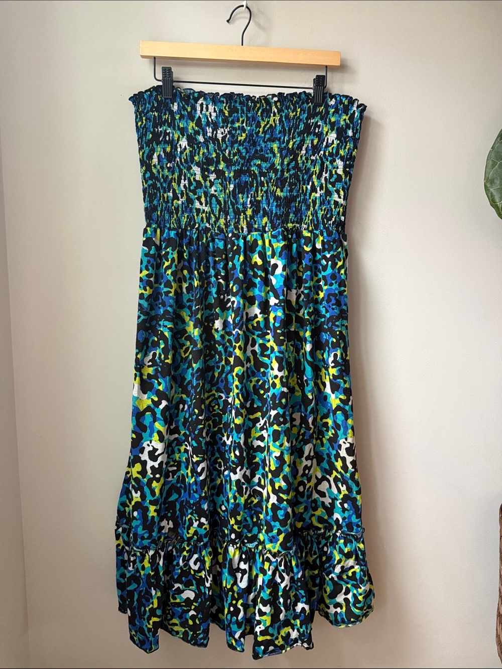 Catalina Strapless Smocked Maxi Swim Cover Up Leopard Print Blue Plus Size